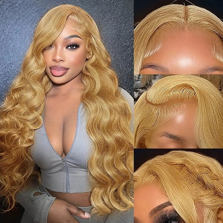 Honey Blonde Body Wave 13x4 Lace Frontal Human Hair Wigs Pre Plucked With Baby Hair