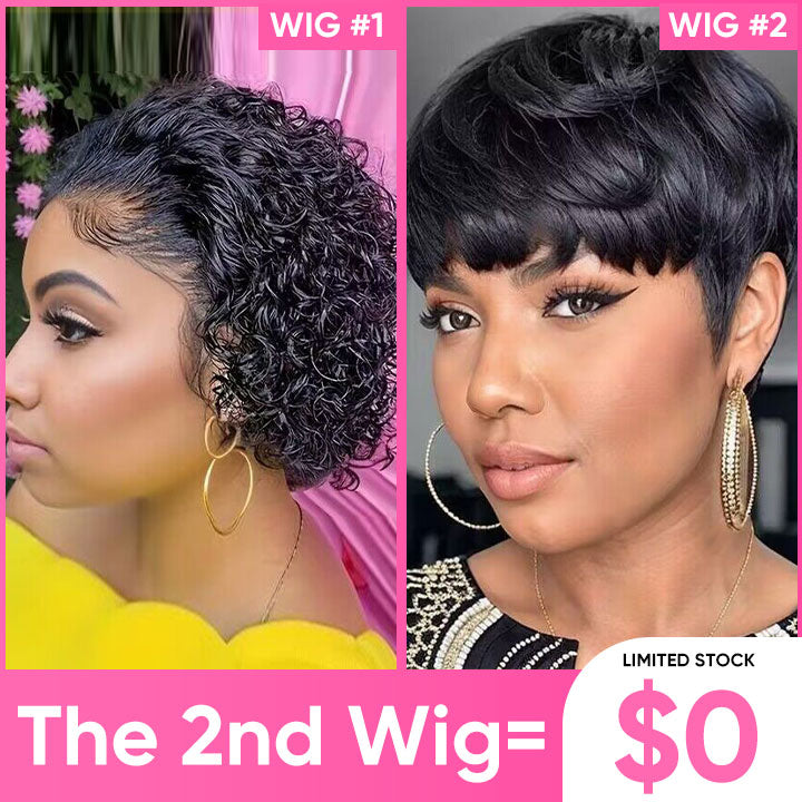 $0=The Second WIG|8" Curly 4x4 Lace Pixie Cut Wig +8" Straight Pixie Cut None Lace Wig With Bangs(FREE)Flash Deal