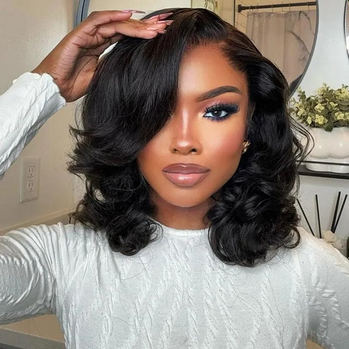 Wear and Go Wavy Bob Glueless Human Hair Wigs 7x5 13x5 Pre Cut Lace 180% Density Black Bob Wig