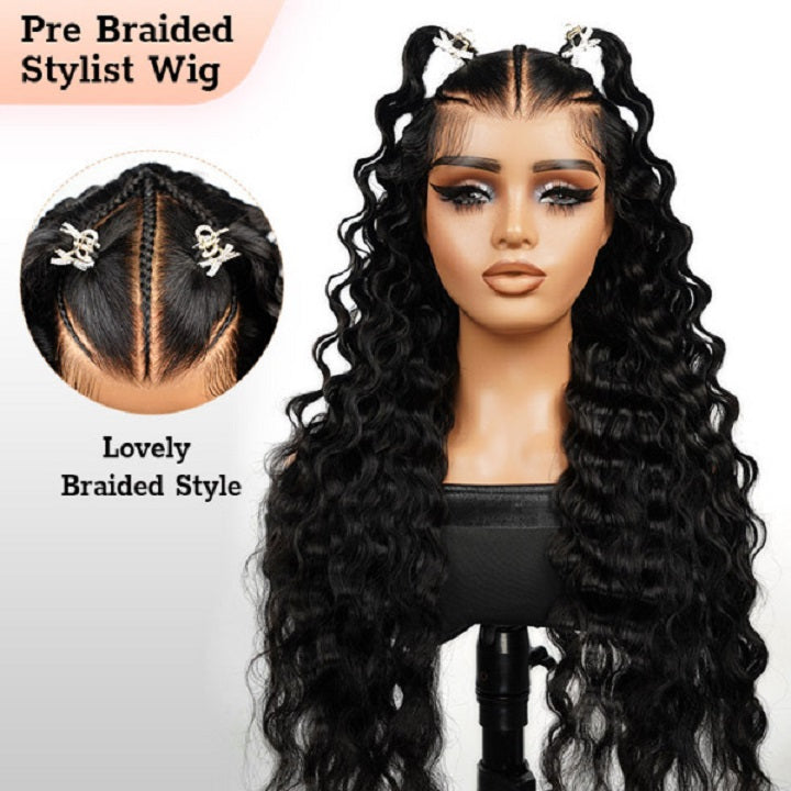 Pre Braided Crimp Wave Wig Pre Cut Lace 13x4 Frontal Wigs Natural Baby Hair
