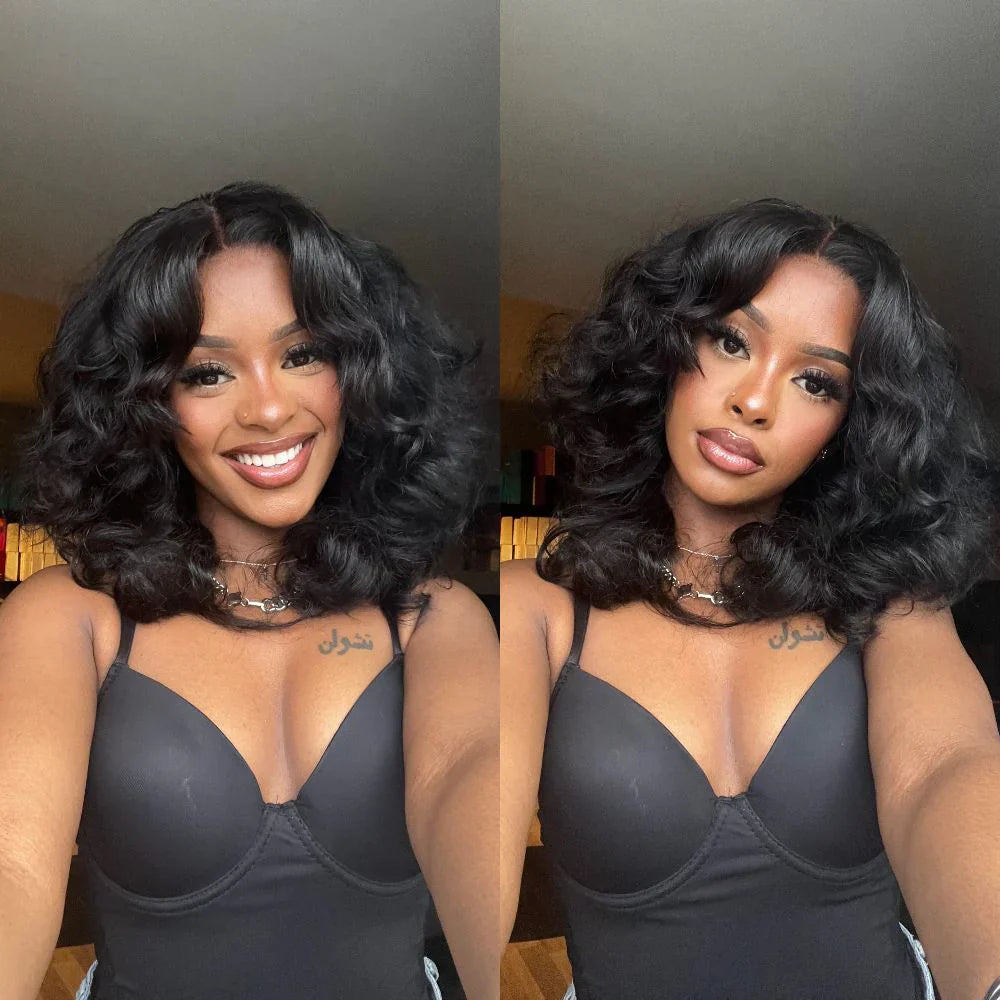 Put on & Go Designer Layered Curtain Bangs Wavy Lace Closure Wig