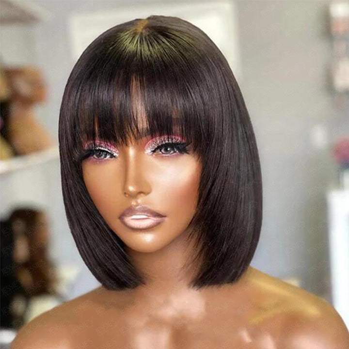 Blunt Cut Short Layered Black Bob Wig With Bangs Full Cap Non Lace Wig