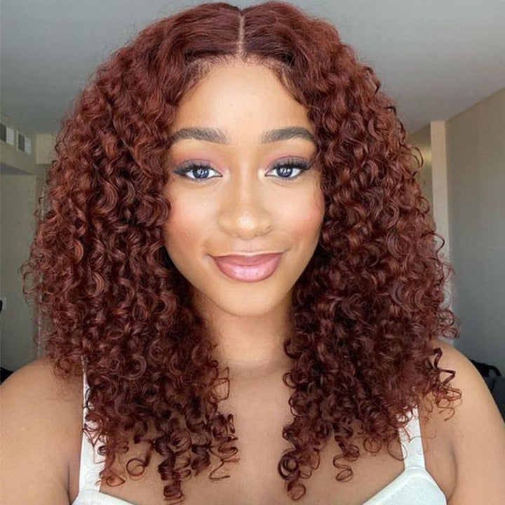 13x5 Pre Cut Lace Copper Brown Short Curly Bob Wig Glueless Human Hair Wig