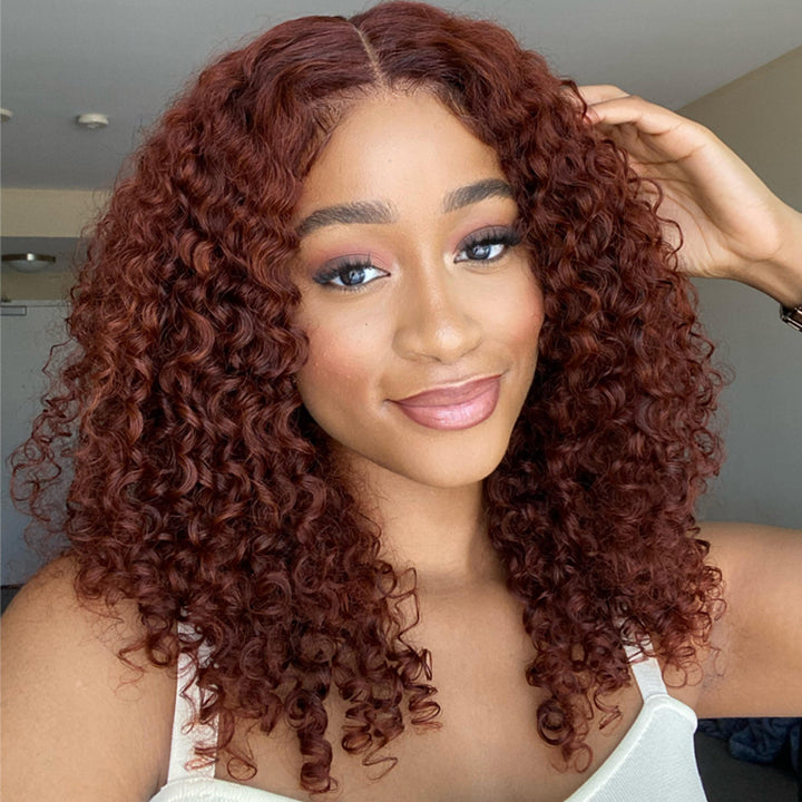 13x5 Pre Cut Lace Copper Brown Short Curly Bob Wig Glueless Human Hair Wig