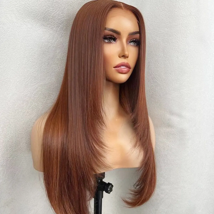 Layer Cut Straight Glueless Wig Copper Brown 5×5 Pre Cut Lace Wig