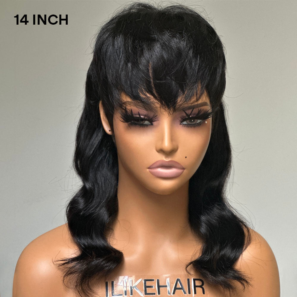 Vintage Mullet Quick Weave Glueless Pixie Cuts Human Hair Wig With Bang