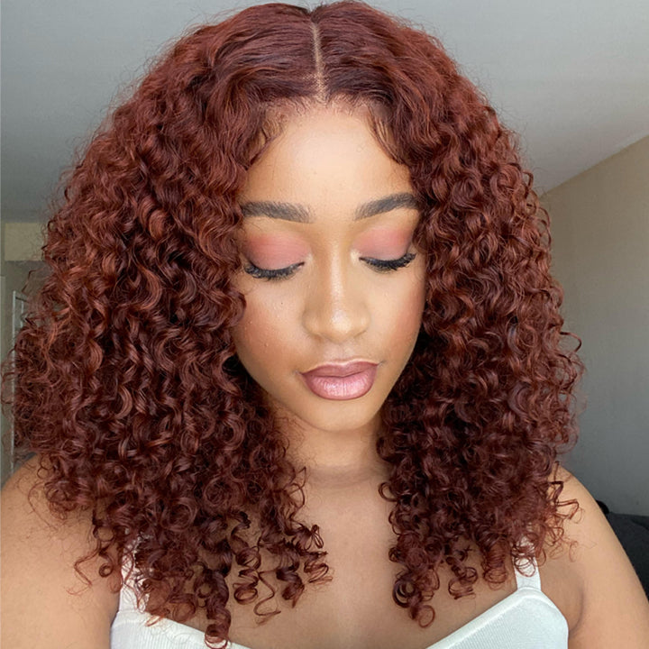 13x5 Pre Cut Lace Copper Brown Short Curly Bob Wig Glueless Human Hair Wig