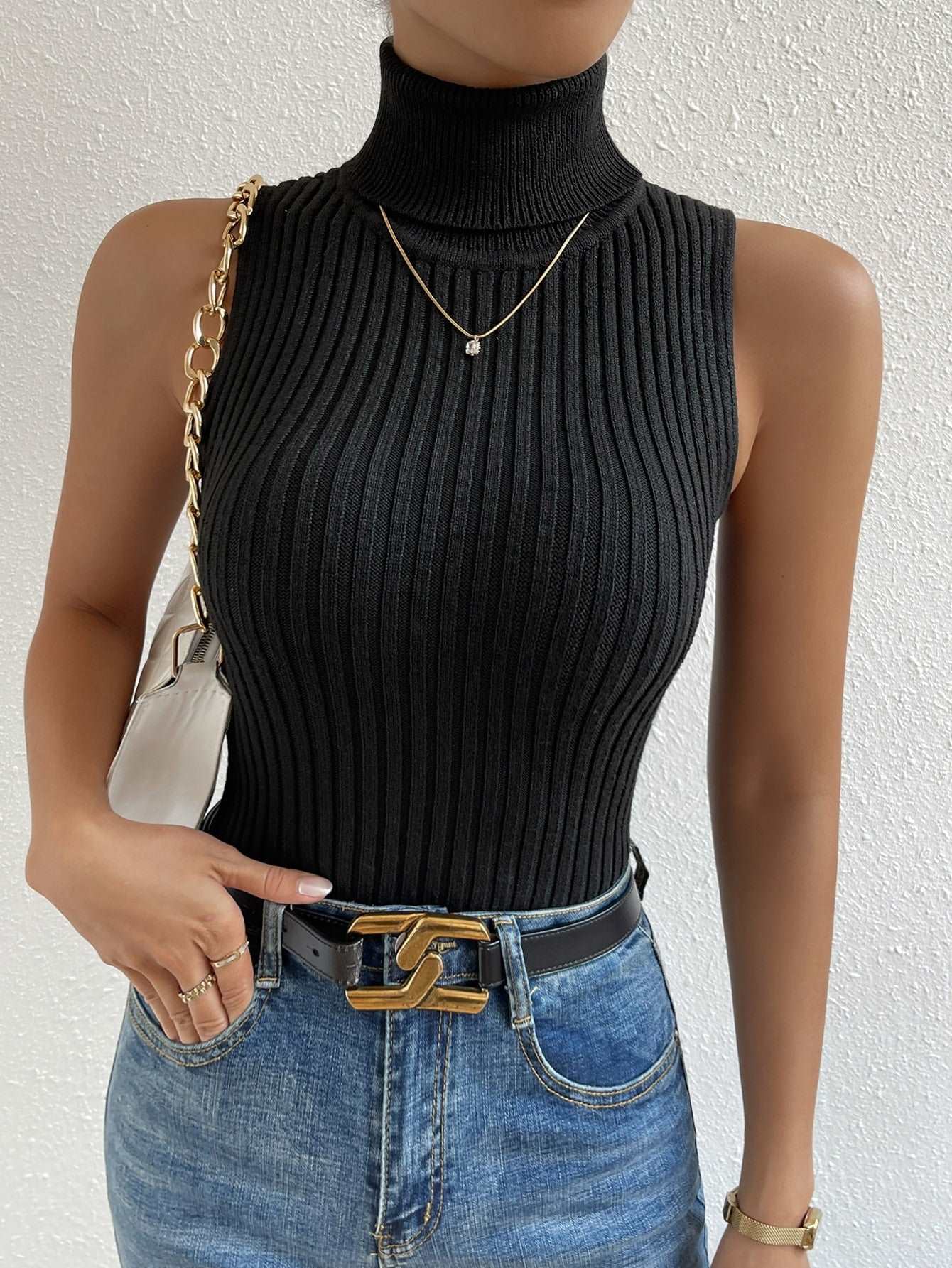 Frenchy Turtle Neck Ribbed Knit Top