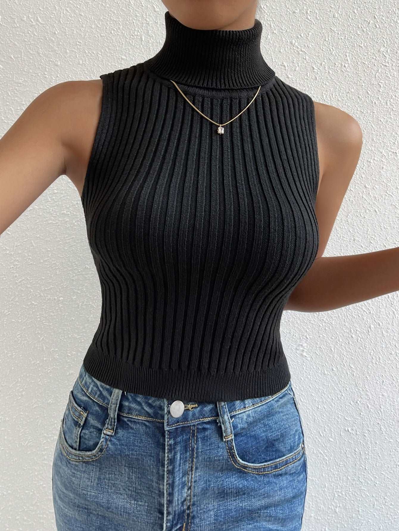 Frenchy Turtle Neck Ribbed Knit Top