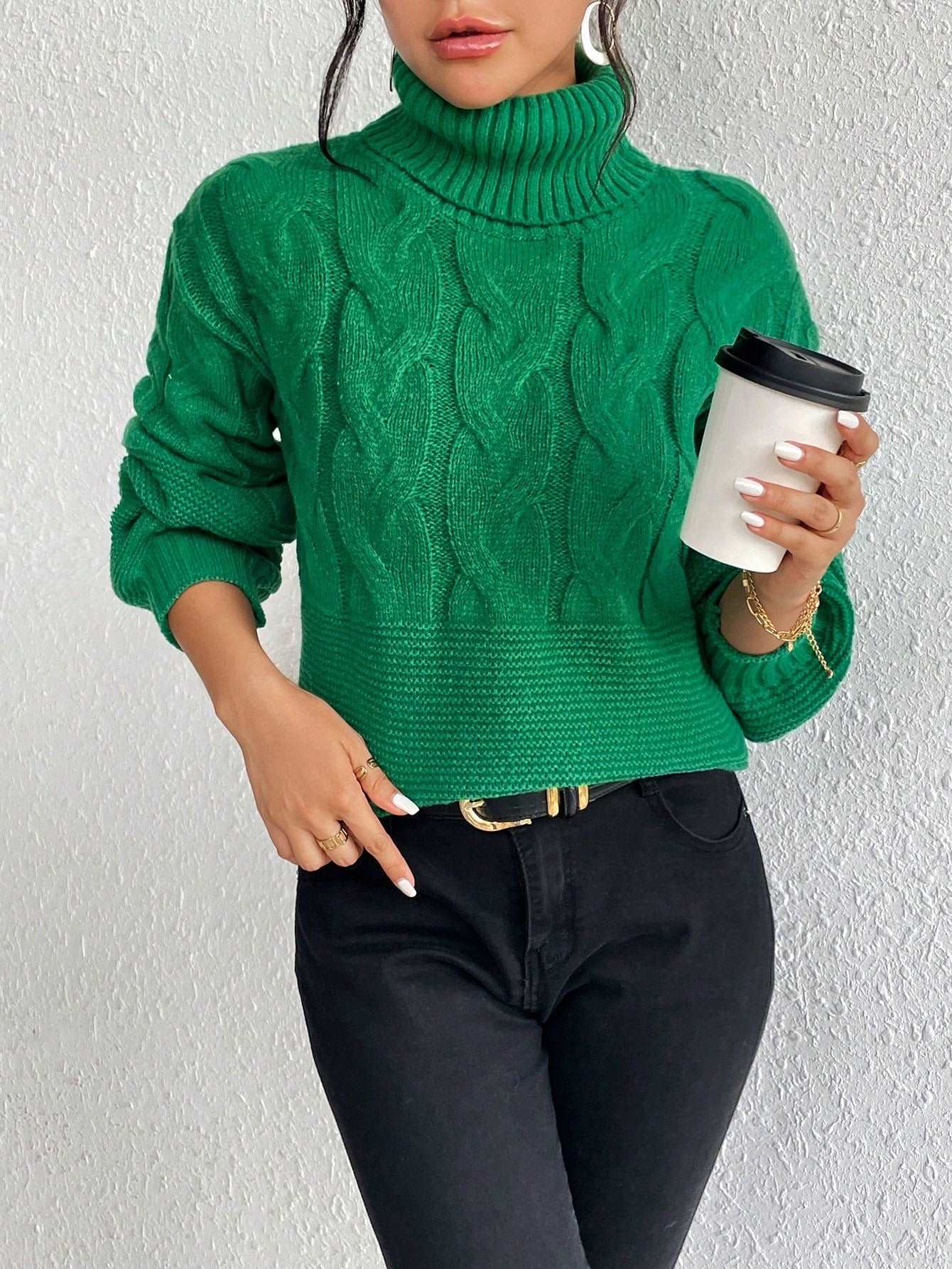Essnce Turtleneck Cable Knit Drop Shoulder Sweater