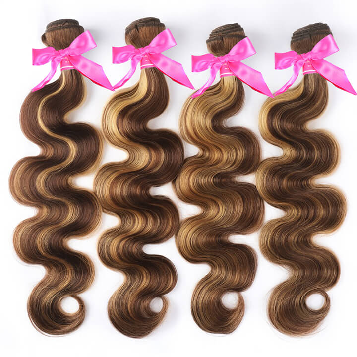 Highlight Brown P4/27 Body Wave Human Hair 3 Bundles With Lace Closure