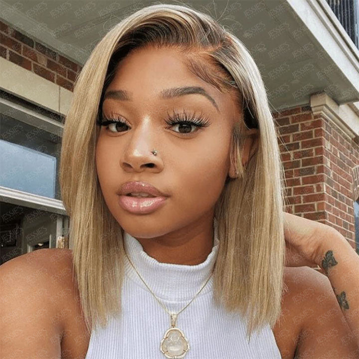 T1B/27 Straight 13x4 Lace Front Blunt Cut Bob Wig Ombre Honey Glueless Human Hair Wig