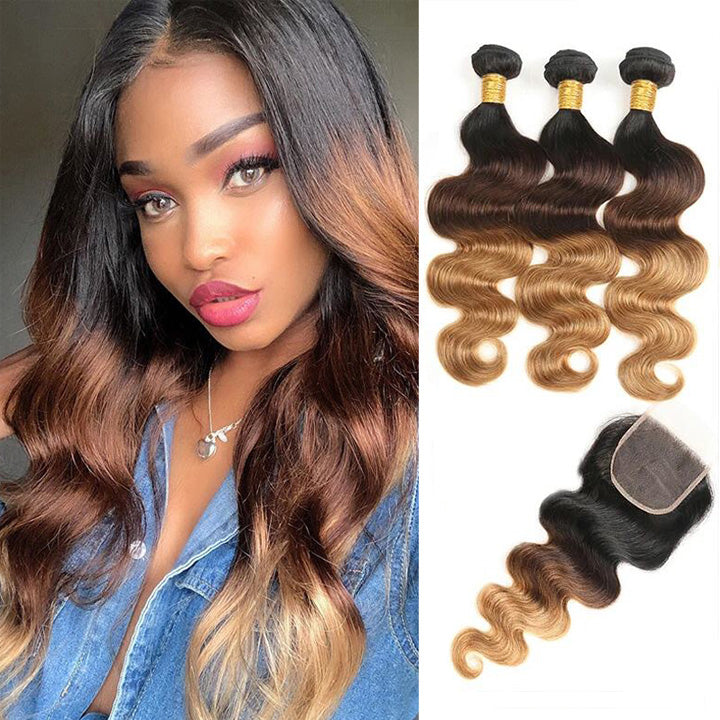 T1B/4/27 Body Wave Hair 3 Bundles With Closure Ombre Honey Blonde Human Hair
