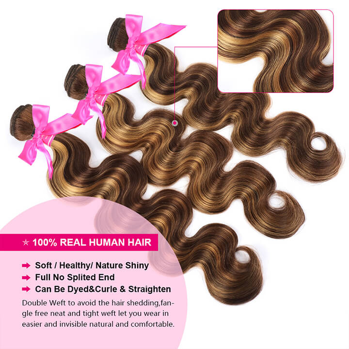 Highlight Brown P4/27 Body Wave Human Hair 3 Bundles With Lace Closure