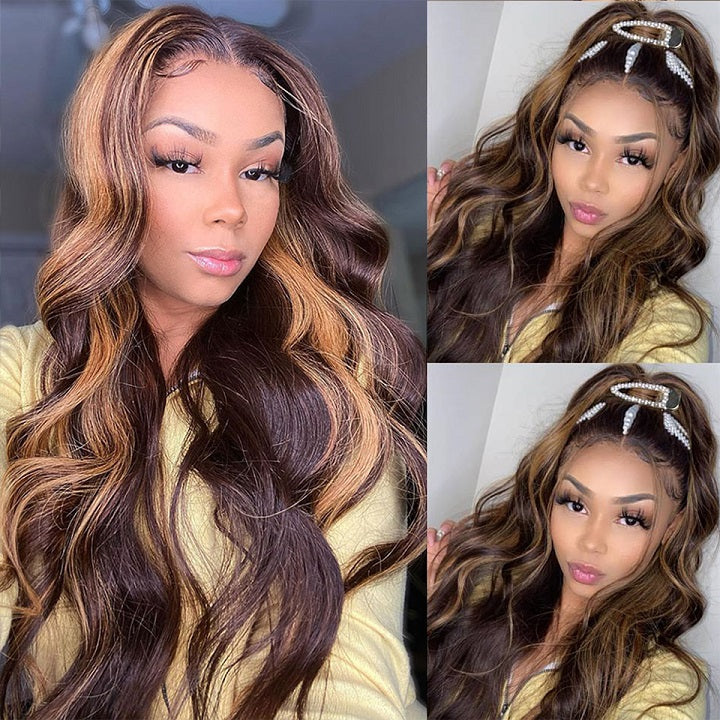 Highlight Brown P4/27 Body Wave Human Hair 3 Bundles With Lace Closure