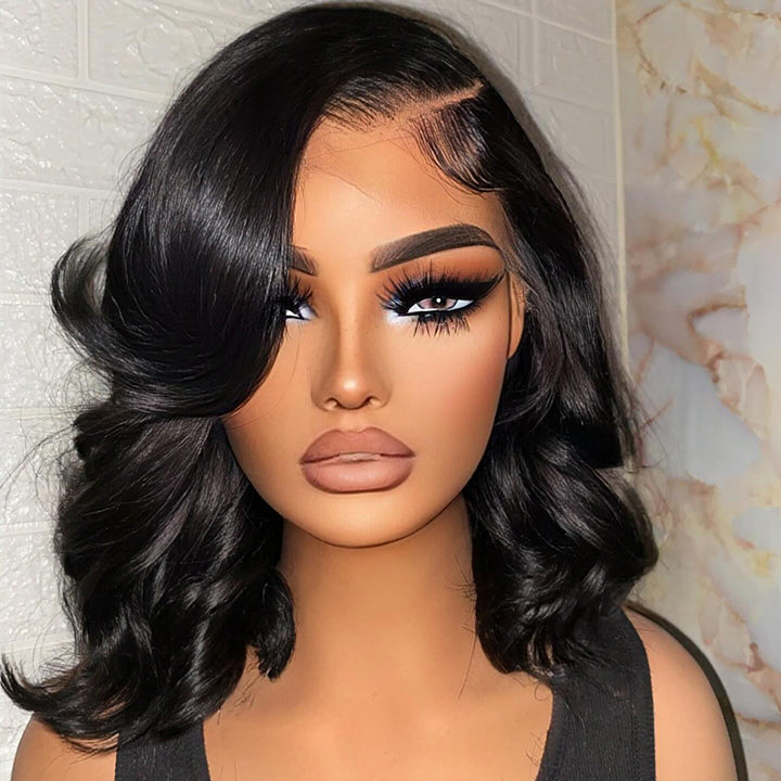 Wear and Go Wavy Bob Glueless Human Hair Wigs 7x5 13x5 Pre Cut Lace 180% Density Black Bob Wig