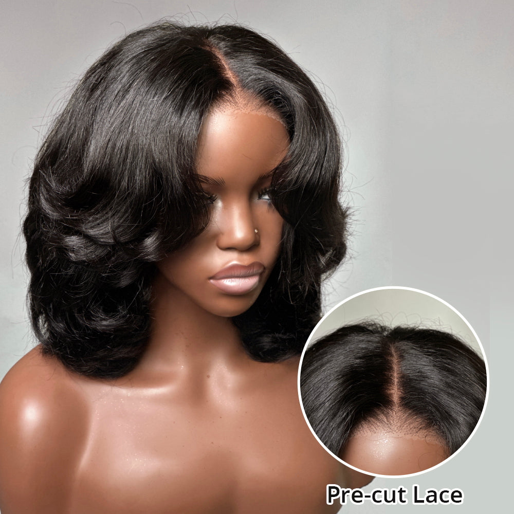 Put on & Go Layered Bob Short Wavy Glueless Human Hair Lace Wig