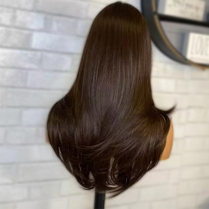 Chocolate Brown Layers Curtain Bangs Straight 9x6 Pre Cut Lace Wig