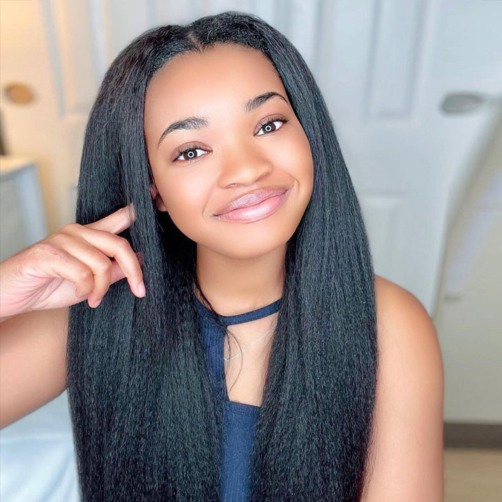 Thin V Part Wig Kinky Straight Natural Scalp Human Hair Wig Without Leave Out