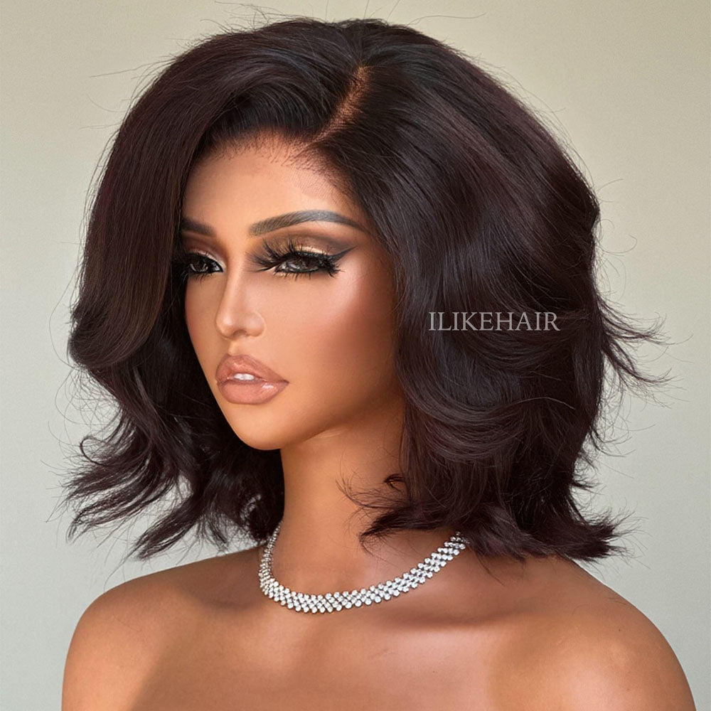 Natural Black Layered Fluffy Bob 5x5 Lace Closure Wig