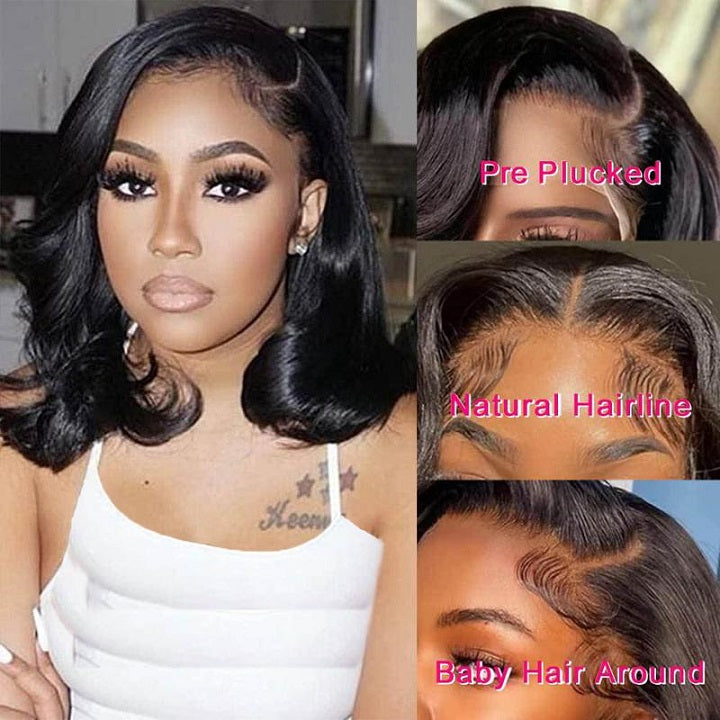 Wear and Go Wavy Bob Glueless Human Hair Wigs 7x5 13x5 Pre Cut Lace 180% Density Black Bob Wig