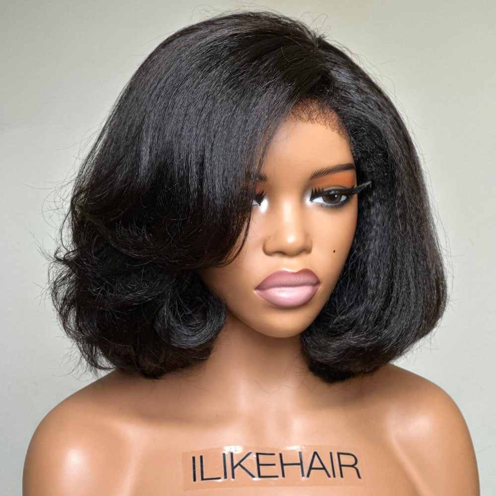 Put on & Go Side Part Short Layered Bob Kinky Edges Wig