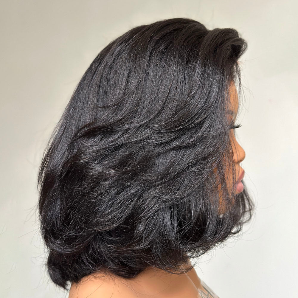 Put on & Go Side Part Short Layered Bob Kinky Edges Wig