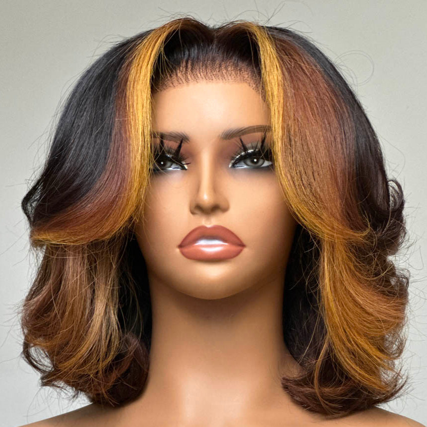Honey Blonde Highlights Layered Cut Bob Lace Wig