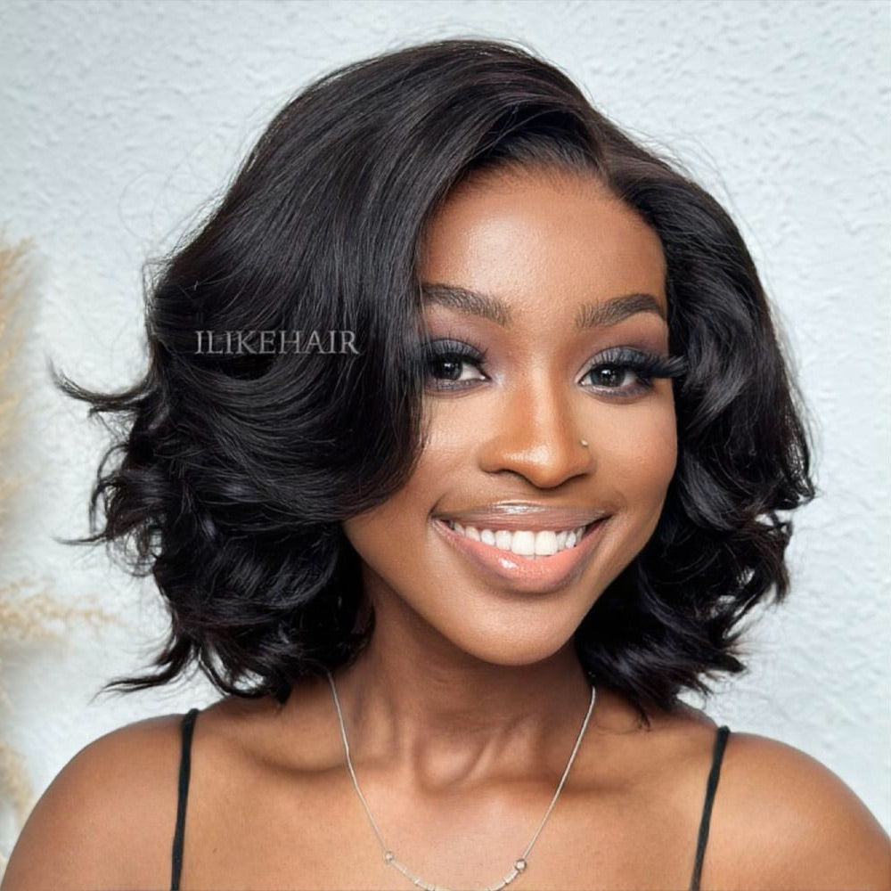 Natural Black Layered Fluffy Bob 5x5 Lace Closure Wig