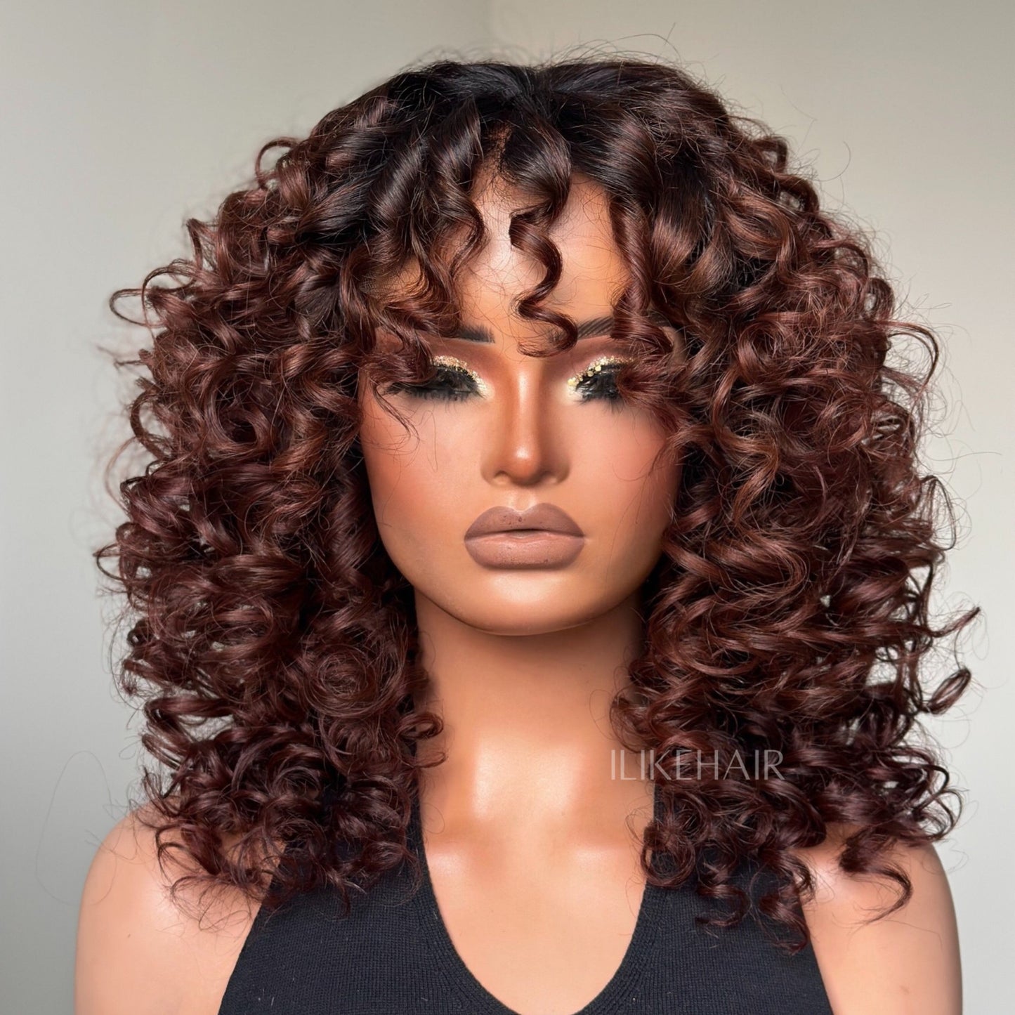 Glueless Reddish Brown With Dark Root Bouncy Curl Lace Wig