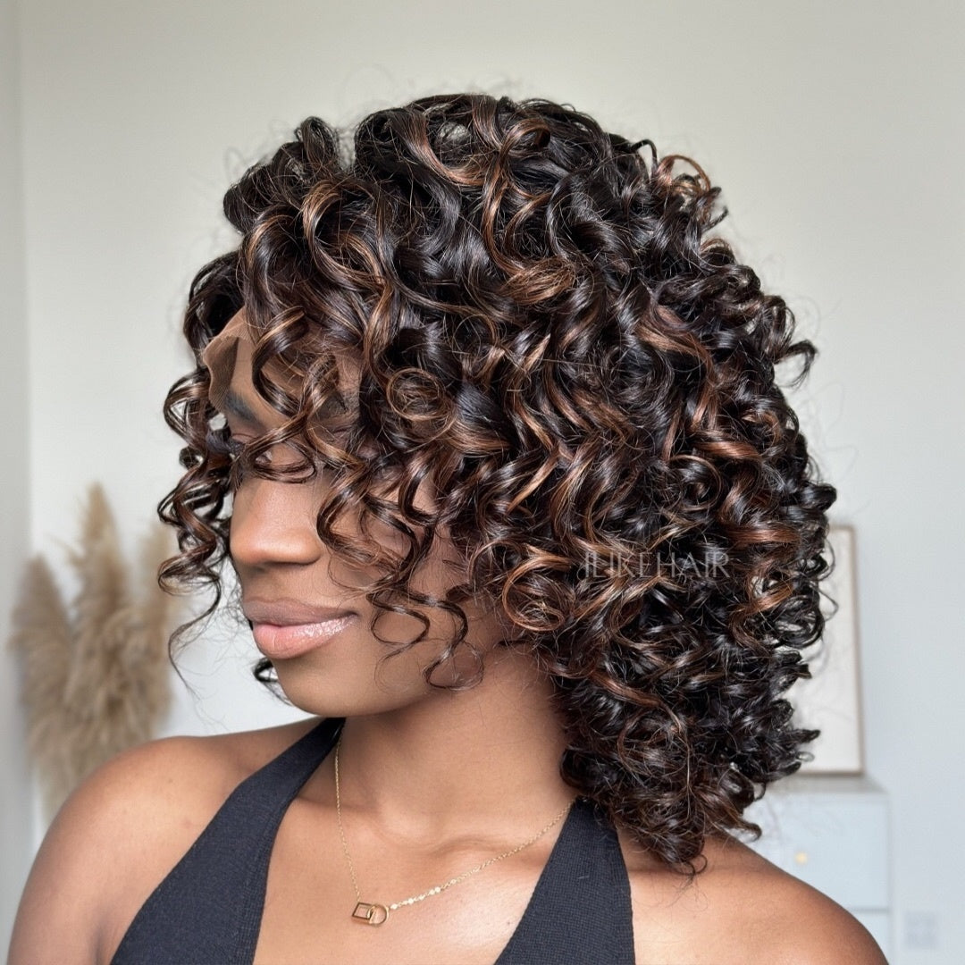 Glueless Short Bob Bouncy Loose Curly Blonde Highlight Lace Front Wig