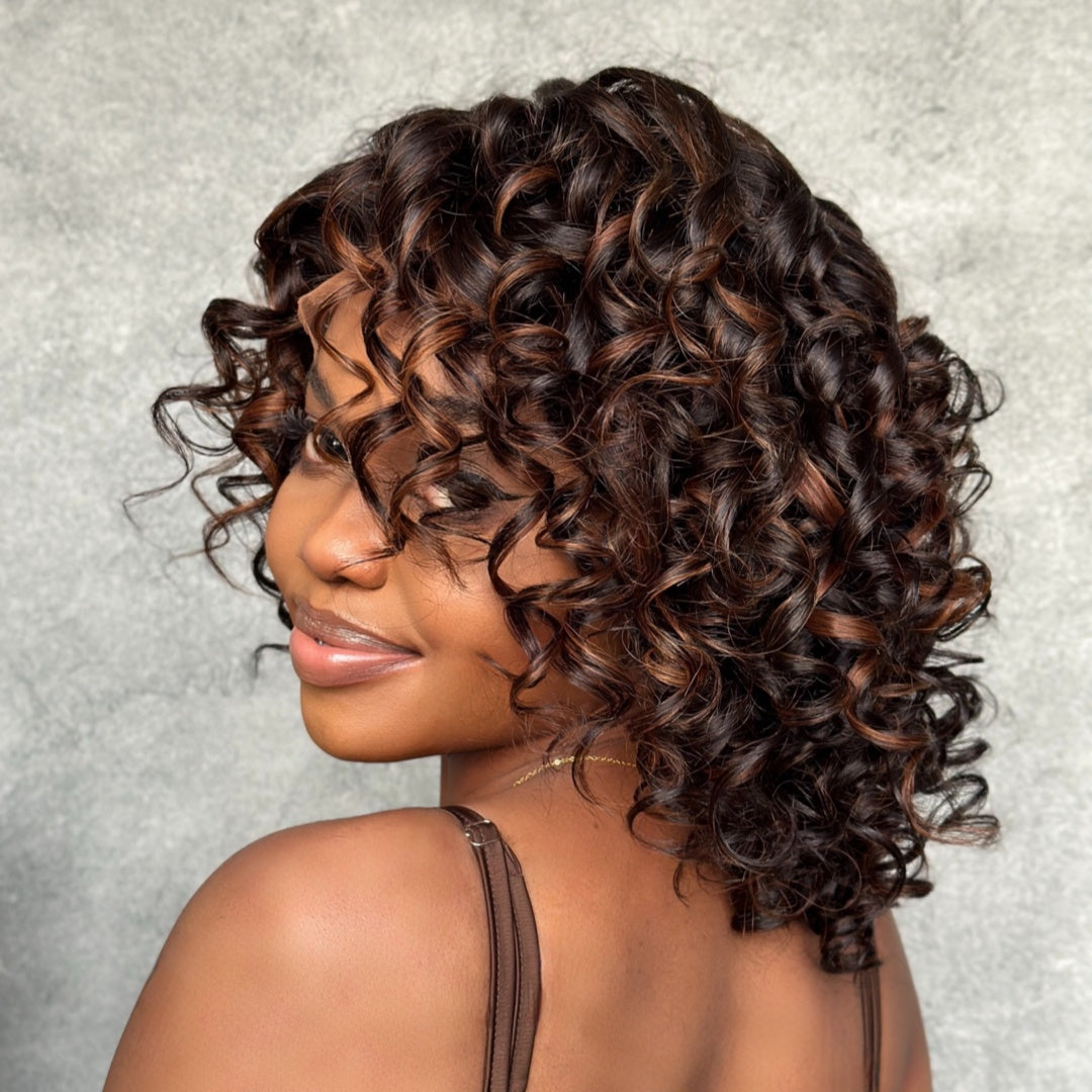 Glueless Short Bob Bouncy Loose Curly Blonde Highlight Lace Front Wig