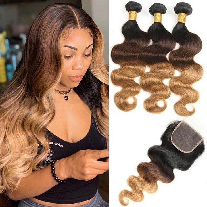 T1B/4/27 Body Wave Hair 3 Bundles With Closure Ombre Honey Blonde Human Hair