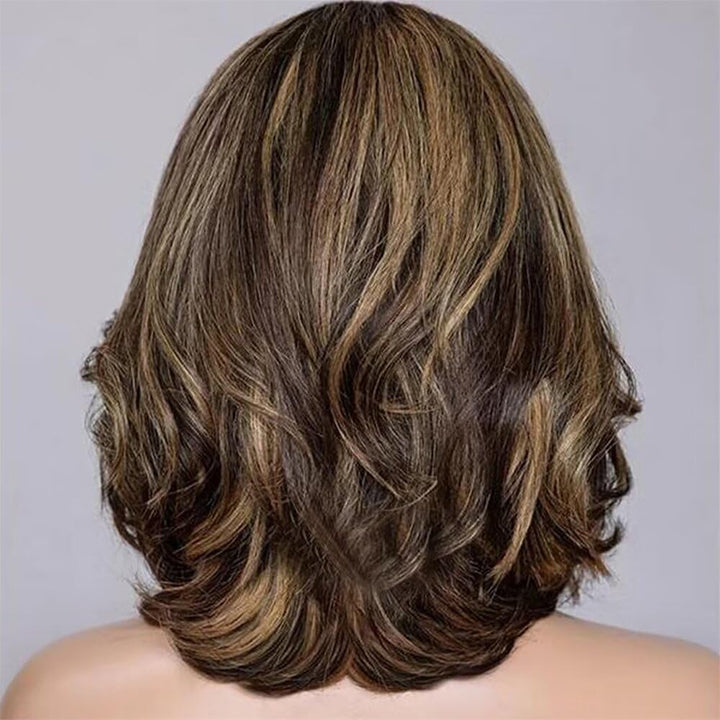 Gluless Short Bob Wavy Balayage Layer Cut Wig 13x4 Lace Front Wig Human Hair