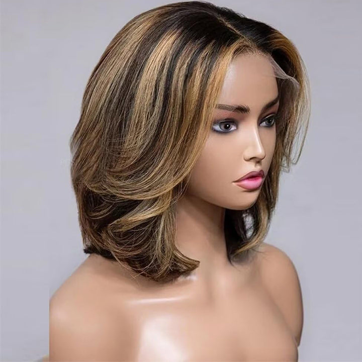 Gluless Short Bob Wavy Balayage Layer Cut Wig 13x4 Lace Front Wig Human Hair