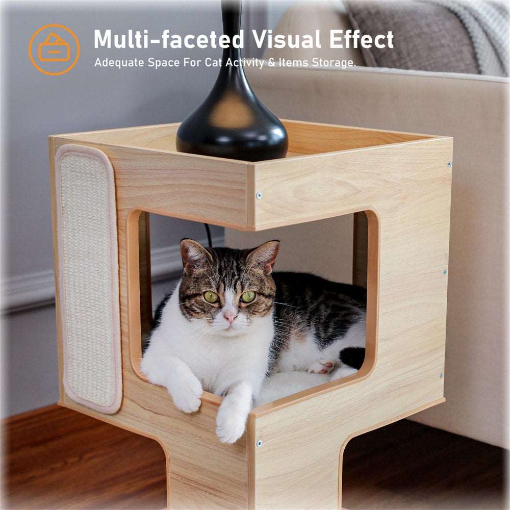 23" Wood Cat House Furniture for Indoor Cats, Modern Cat Tree Tower Bed with Free Cat Toy, Scratching Pad and Removable Soft Mats, Small Cat Condo, Beige - Healthier Me Beauty, LLC