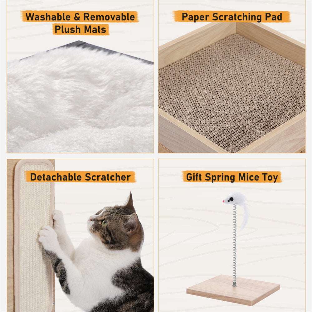 23" Wood Cat House Furniture for Indoor Cats, Modern Cat Tree Tower Bed with Free Cat Toy, Scratching Pad and Removable Soft Mats, Small Cat Condo, Beige - Healthier Me Beauty, LLC