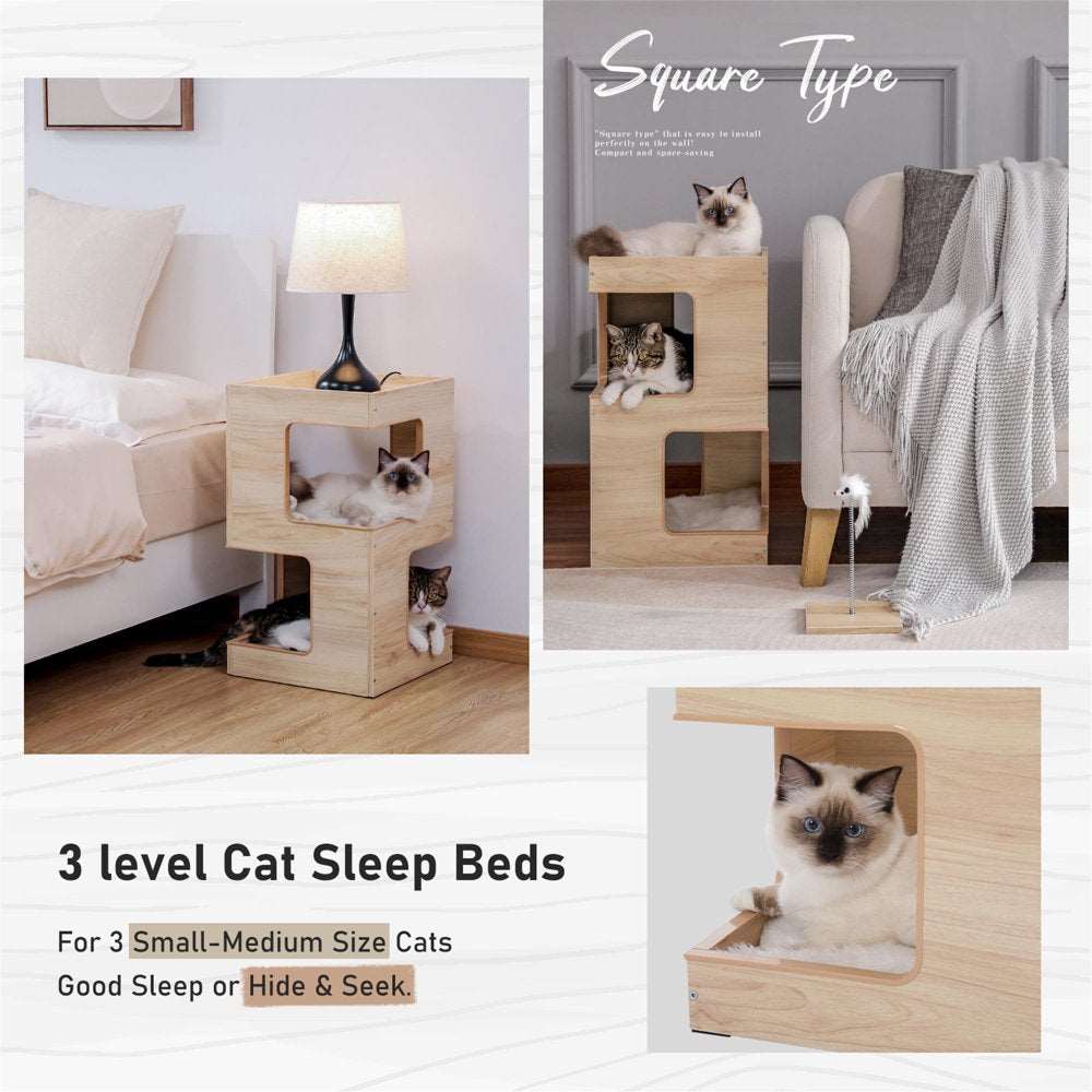 23" Wood Cat House Furniture for Indoor Cats, Modern Cat Tree Tower Bed with Free Cat Toy, Scratching Pad and Removable Soft Mats, Small Cat Condo, Beige - Healthier Me Beauty, LLC