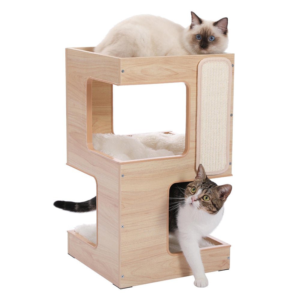 23" Wood Cat House Furniture for Indoor Cats, Modern Cat Tree Tower Bed with Free Cat Toy, Scratching Pad and Removable Soft Mats, Small Cat Condo, Beige - Healthier Me Beauty, LLC