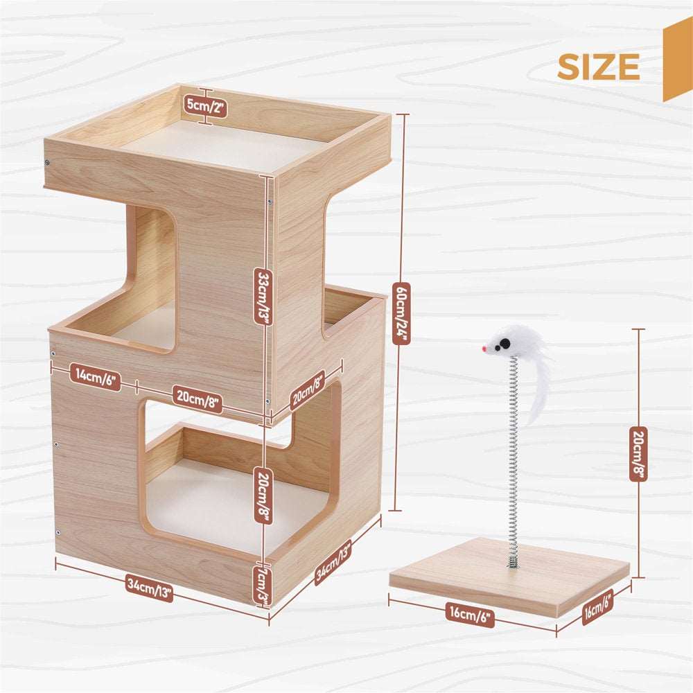 23" Wood Cat House Furniture for Indoor Cats, Modern Cat Tree Tower Bed with Free Cat Toy, Scratching Pad and Removable Soft Mats, Small Cat Condo, Beige - Healthier Me Beauty, LLC