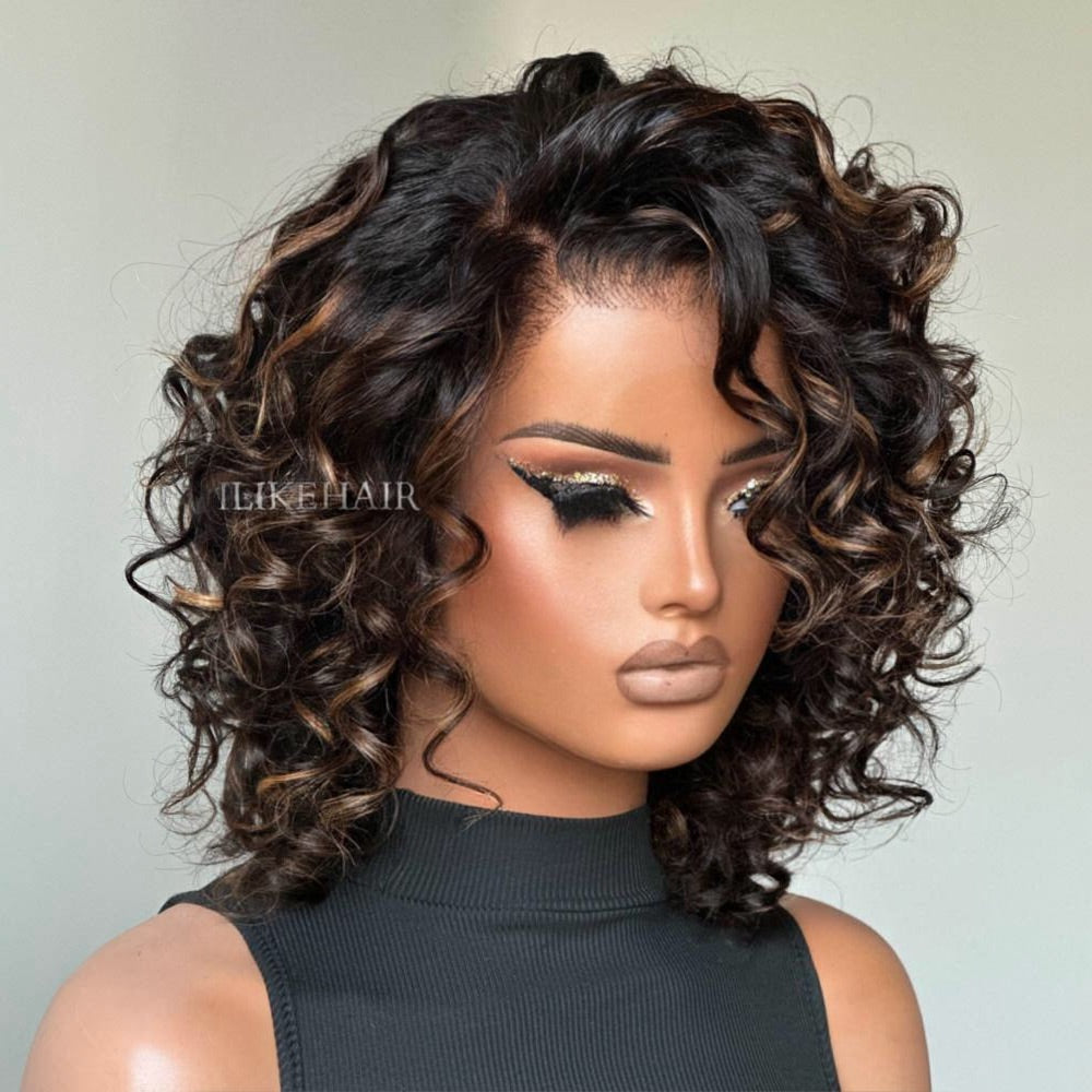 Glueless Short Bob Bouncy Loose Curly Blonde Highlight Lace Front Wig