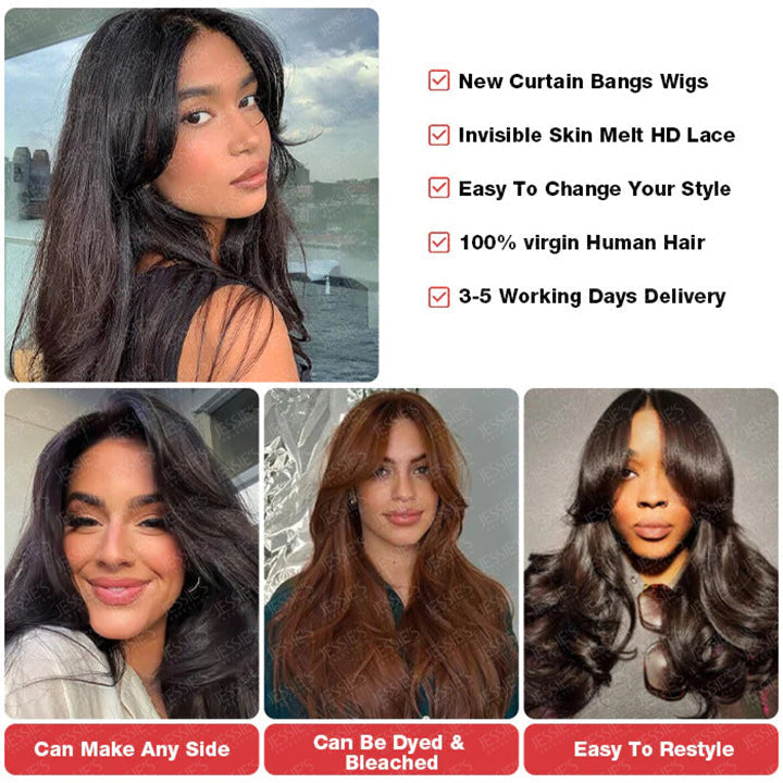 Face-Framing Curtain Bangs Wavy Wig 6x5 Ready To Go Glueless Lace Wig Pre Cut Lace