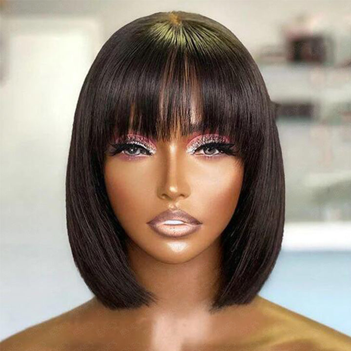 Blunt Cut Short Layered Black Bob Wig With Bangs Full Cap Non Lace Wig