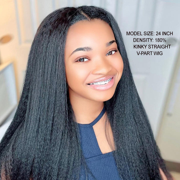 Thin V Part Wig Kinky Straight Natural Scalp Human Hair Wig Without Leave Out