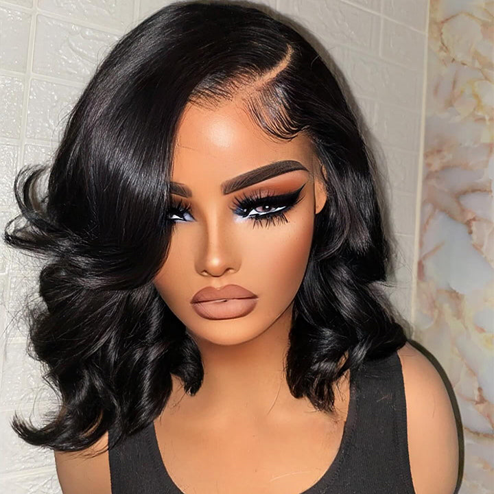 Wear and Go Wavy Bob Glueless Human Hair Wigs 7x5 13x5 Pre Cut Lace 180% Density Black Bob Wig