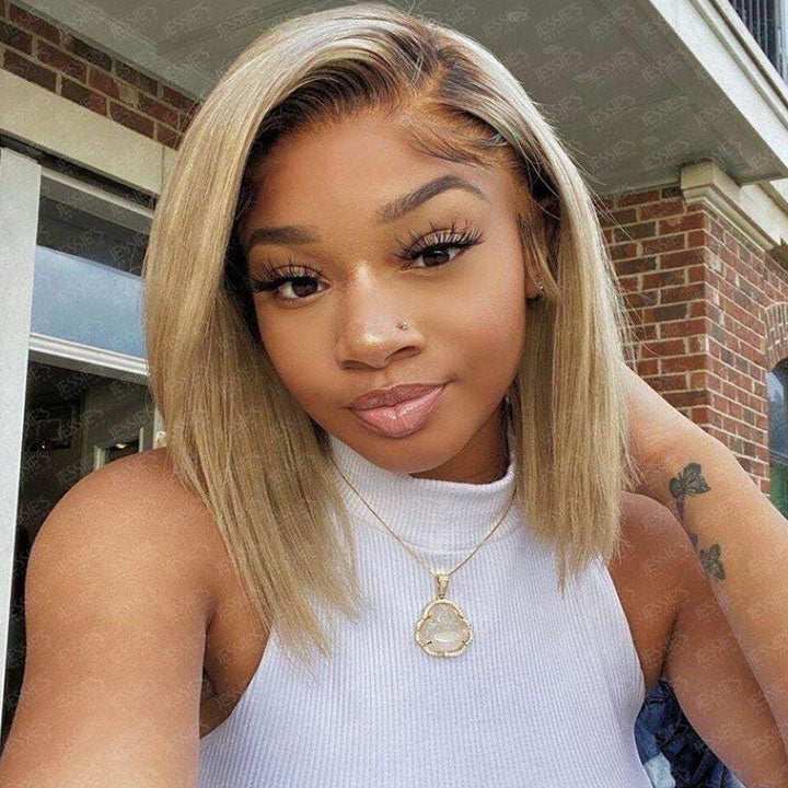T1B/27 Straight 13x4 Lace Front Blunt Cut Bob Wig Ombre Honey Glueless Human Hair Wig