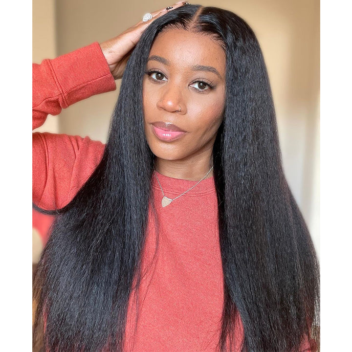 7x5 Pre-everything Kinky Straight Wig Pre-cut Lace Bleached Knots Plucked Hairline