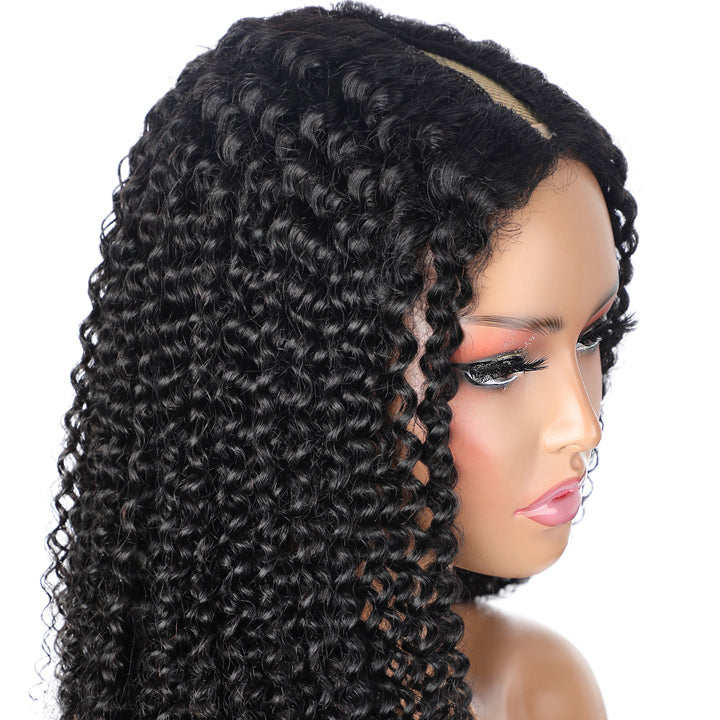 Thin V Part Wig Kinky Curly Natural Scalp Human Hair Wig Without Leave Out