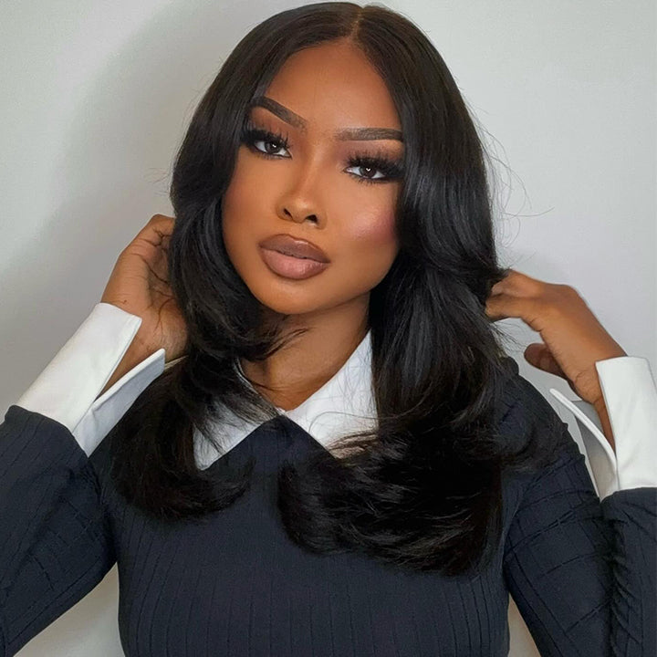 Curtain Bangs Wavy Layer Cut Glueless 7x5 Pre Cut Lace Wig Human Hair