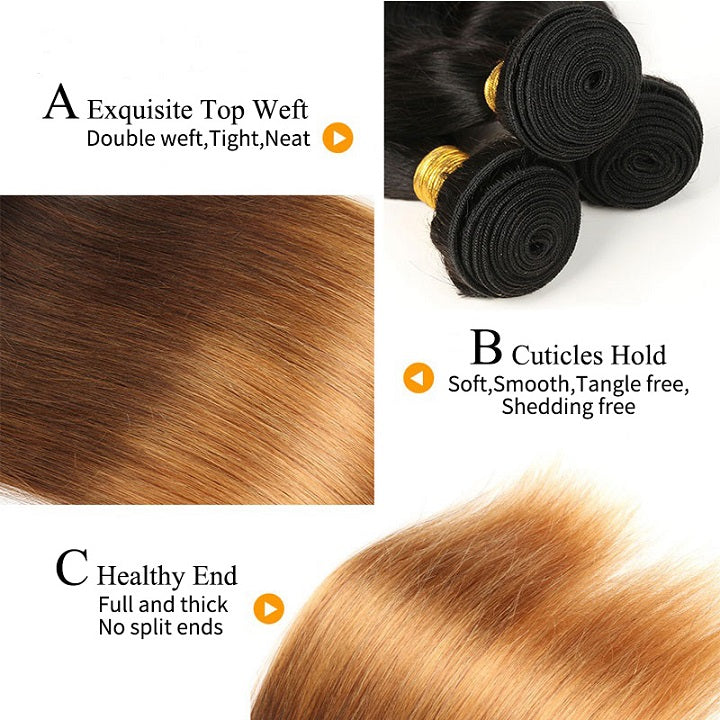 T1B/4/30 Straight Hair 3 Bundles With Closure Human Hair Weaves